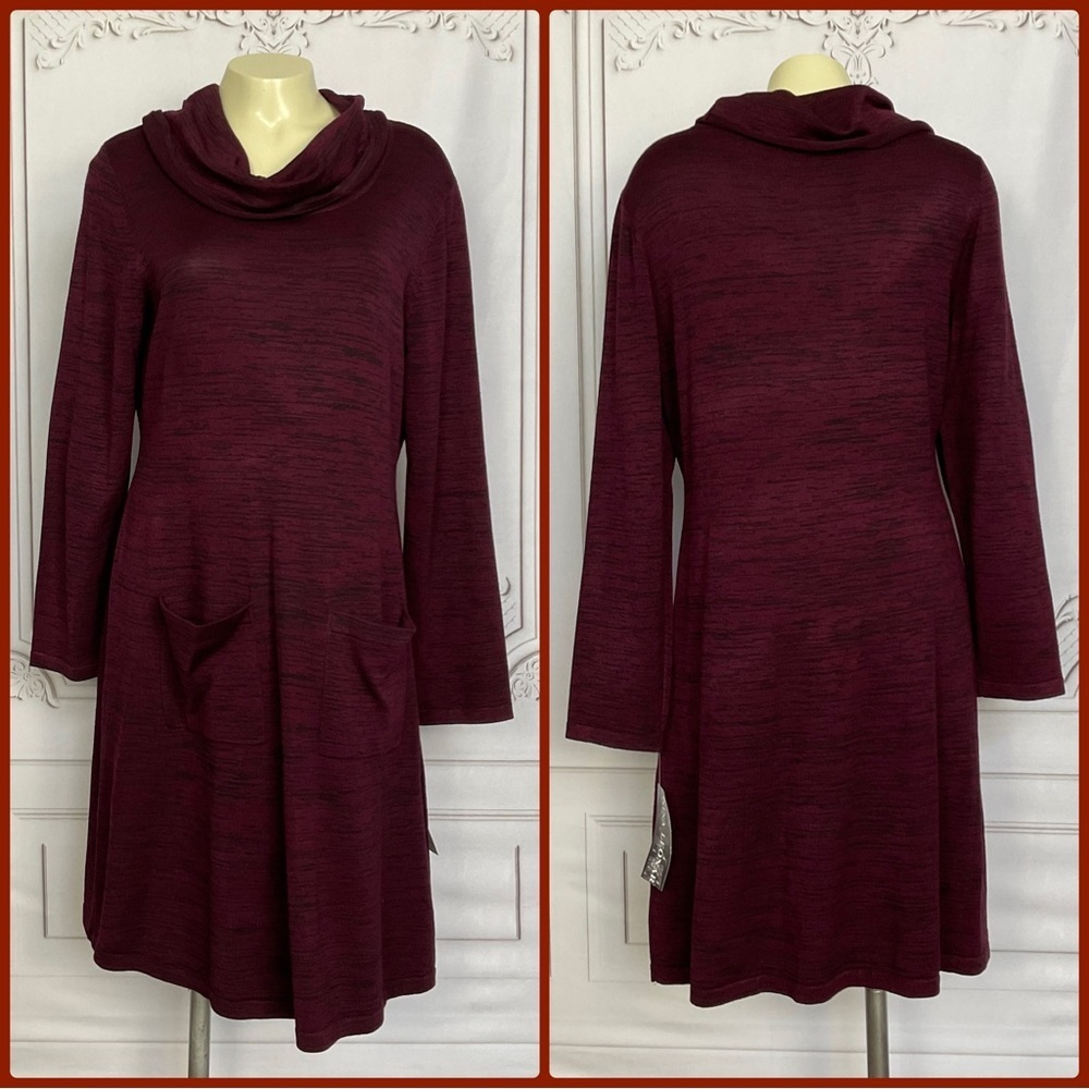 Nina Leonard Maroon “Deep Wine” Cowl Neck Long Sleeve Sweater Dress  Women’s Lg
